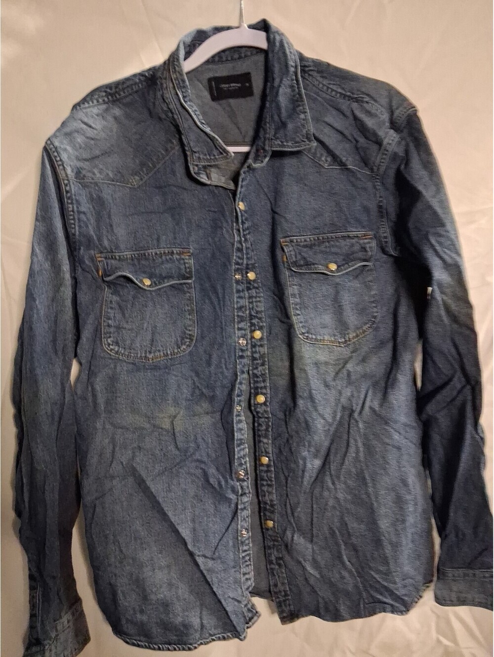 Lucky Brand Western Shirt Men XL Blue Denim Pearl Snap Long Sleeve See Pics J2